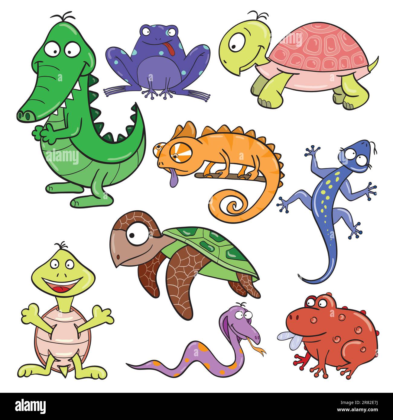 Handgezeichnete niedliche Cartoon-Reptilien und Amphibien. Vektordarstellung. Stock Vektor