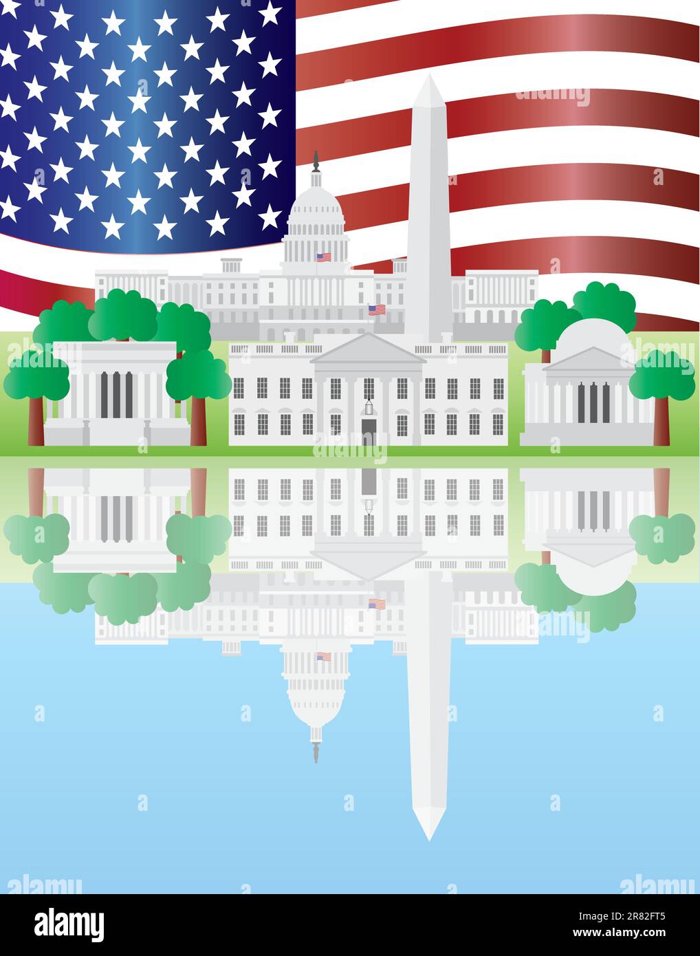 Washington DC USA Capitol Baudenkmal Jefferson und Lincoln Memorial Reflexion und uns Flagge Illustration Stock Vektor