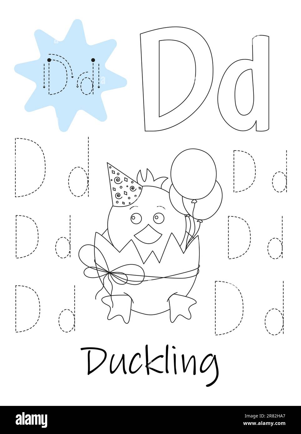 Malbuch - Copybook für Kinder. Buchstabe D Stock Vektor