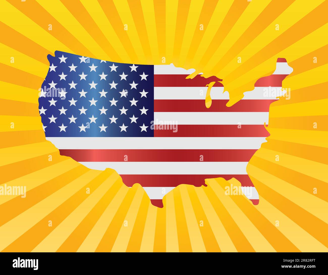USA-Flagge in der Karte Silhouette mit Sonnenstrahlen Hintergrund Illustration Stock Vektor