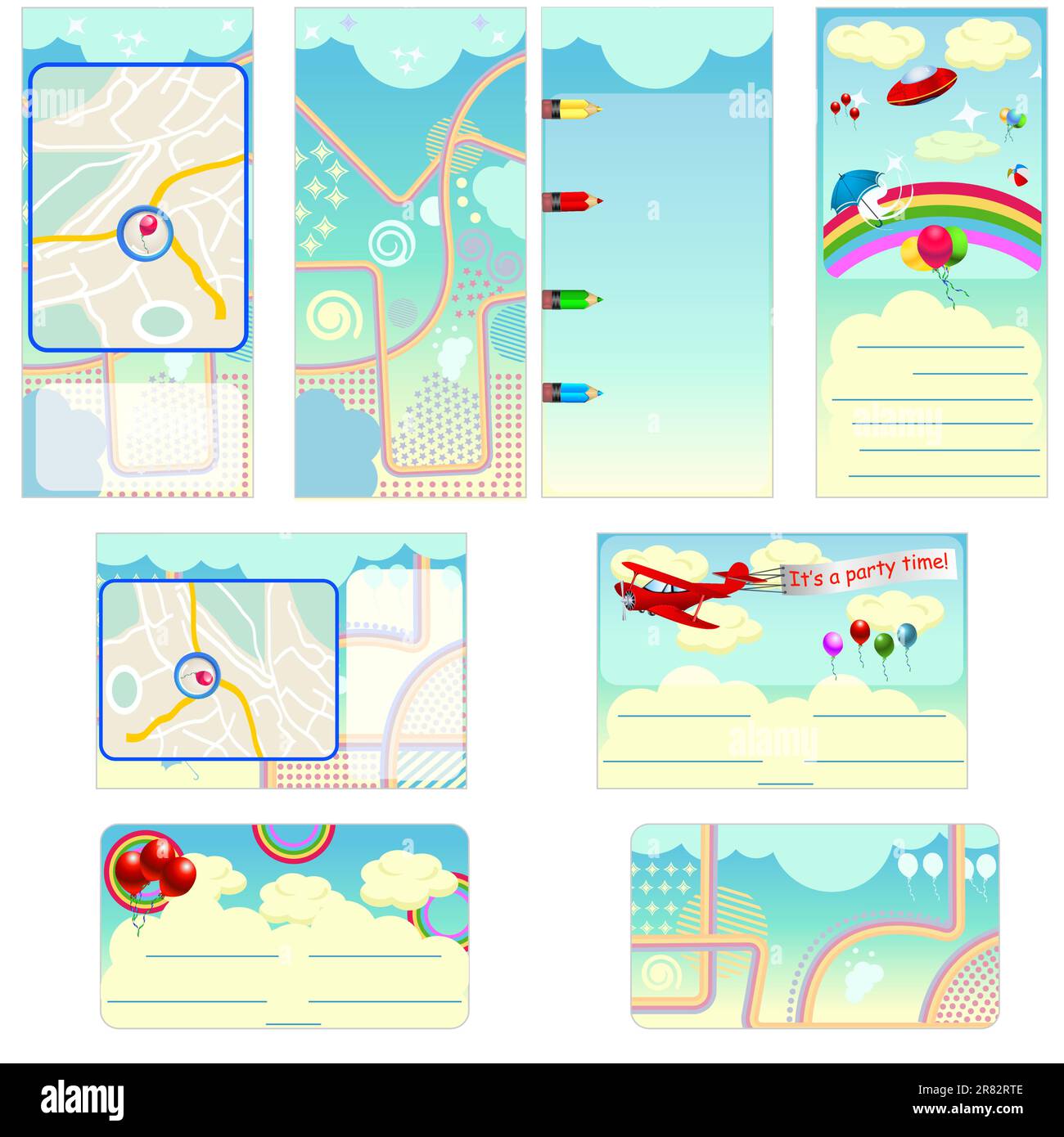 Schreibmaterial für Kinderpartys – Broschüren-, Flyer- und Einladungskarten-Design in einem Paket und vollständig editierbar. Stock Vektor