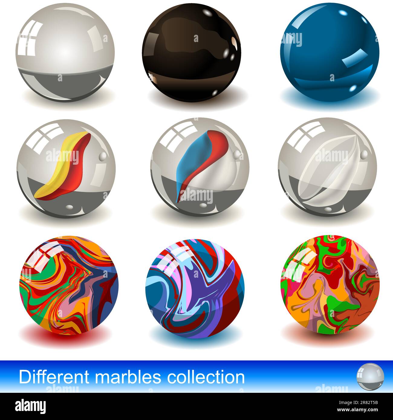 Vektorsammlung verschiedener Murmeln: Glas- und Porzellanmaterial. Stock Vektor