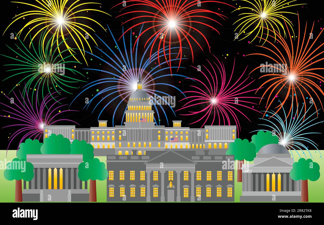 Washington DC USA Capitol Baudenkmal Jefferson und Lincoln Memorial mit Feuerwerk-Illustration Stock Vektor