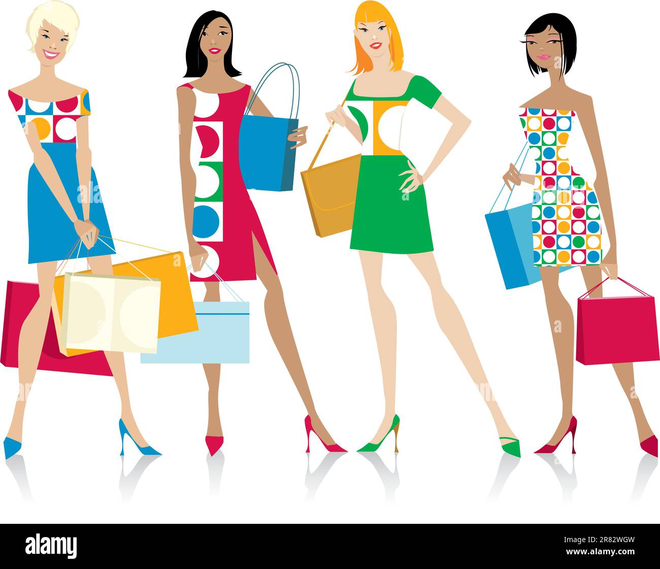 Vier Mädchen mit Einkaufstüten, jedes kann separat benutzt werden Stock Vektor