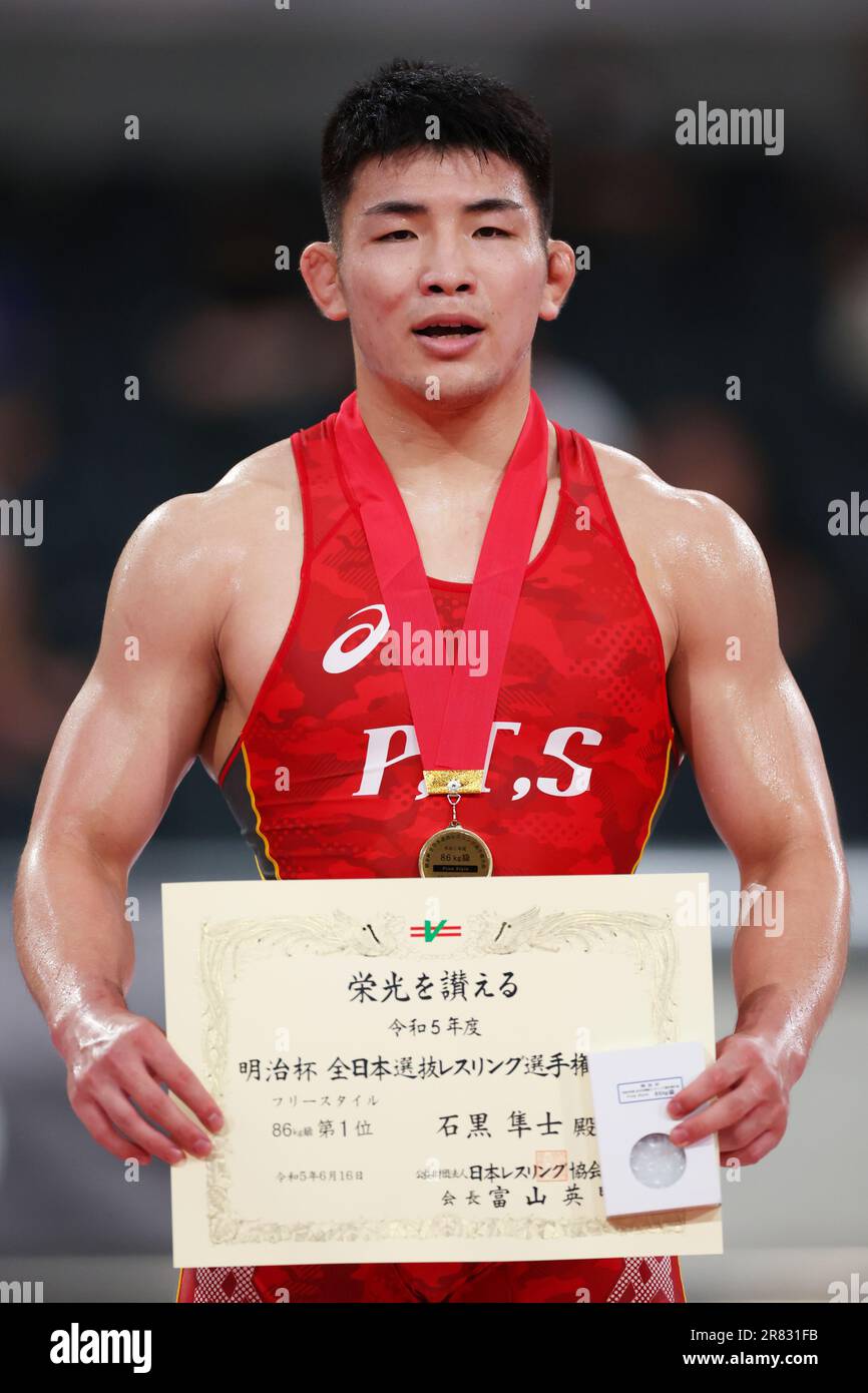 Hayato Ishiguro, 16. JUNI 2023 - Wrestling : Meiji Cup All Japan Selection Championship Männer Free Style -86kg Preisverleihung im Tokyo Gymnasium in Tokio, Japan. (Foto: Naoki Morita/AFLO SPORT) Stockfoto