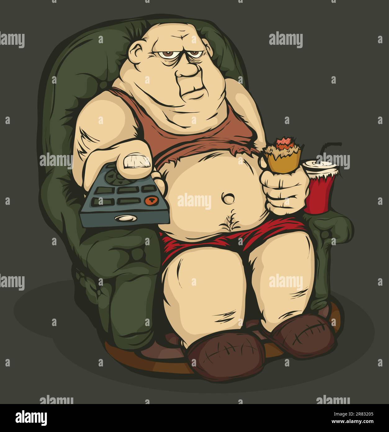 Der dicke Mann sitzt auf einem Stuhl mit Fernbedienung in der hand. Farbe das Bild. Stock Vektor