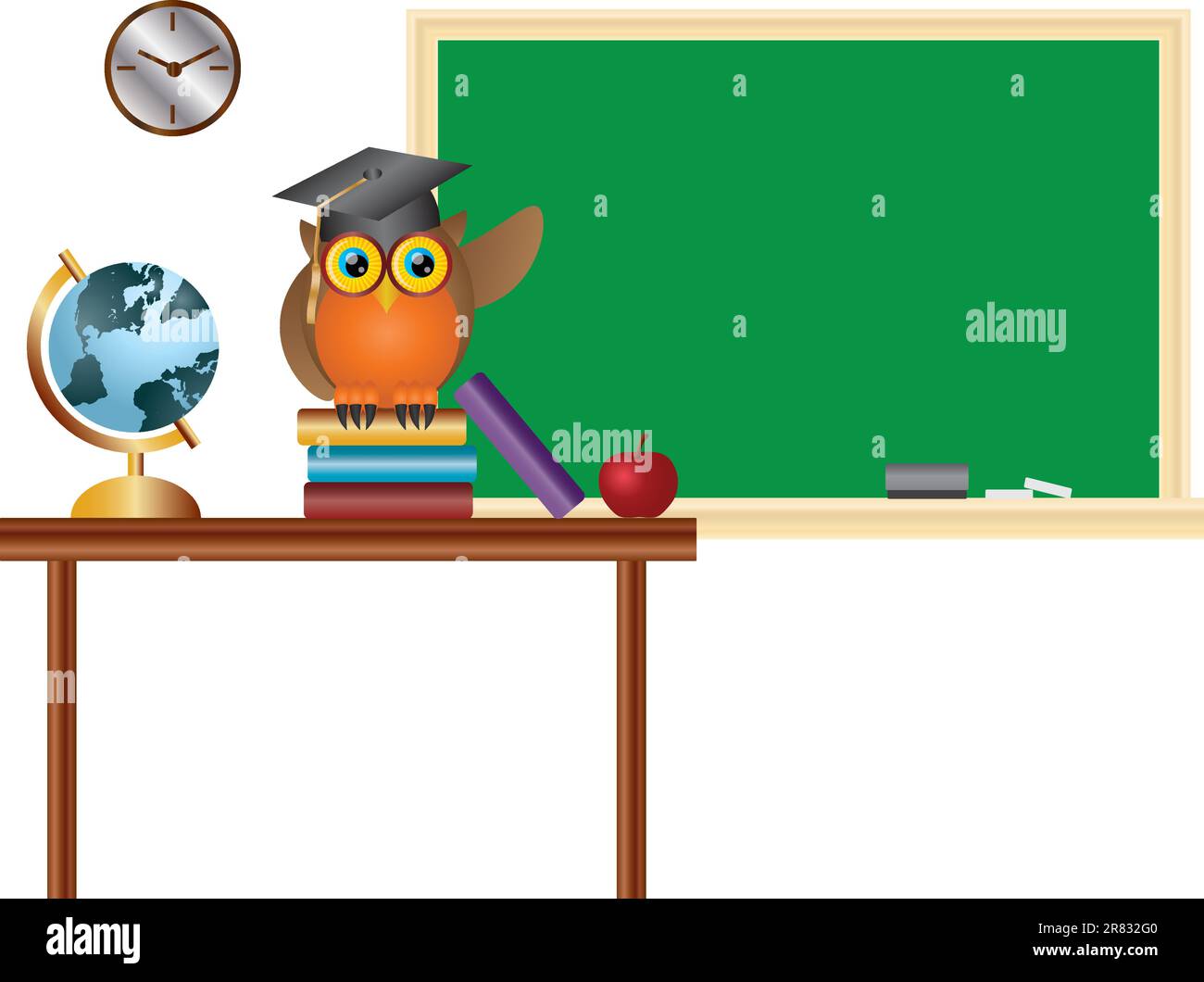 Eule Professor Lehrer im Klassenzimmer mit Tafel Globus Bücher und Apple Illustration Stock Vektor