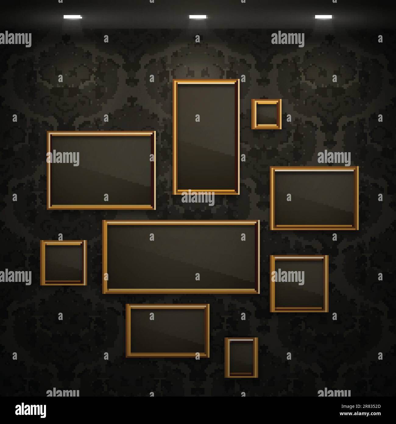 Goldene Rahmen an der Wand. Klassischer Hintergrund. Stock Vektor