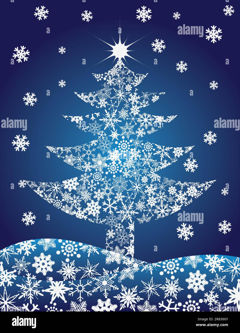 Weihnachtsbaum-Silhouette mit Schneeflocken auf blauem Hintergrund Illustration Stock Vektor