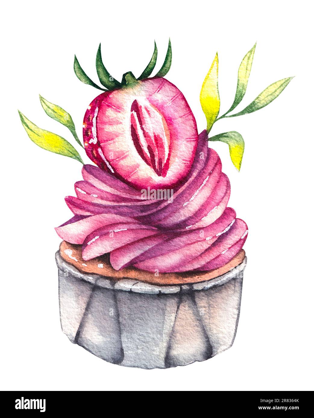 Cupcake isoliert auf weißem Hintergrund. Handgezeichneter Aquarell-Cupcake. Dessert mit Erdbeeren dekoriert, ein Zweig für das Design von Karten, Logos, Bus Stockfoto