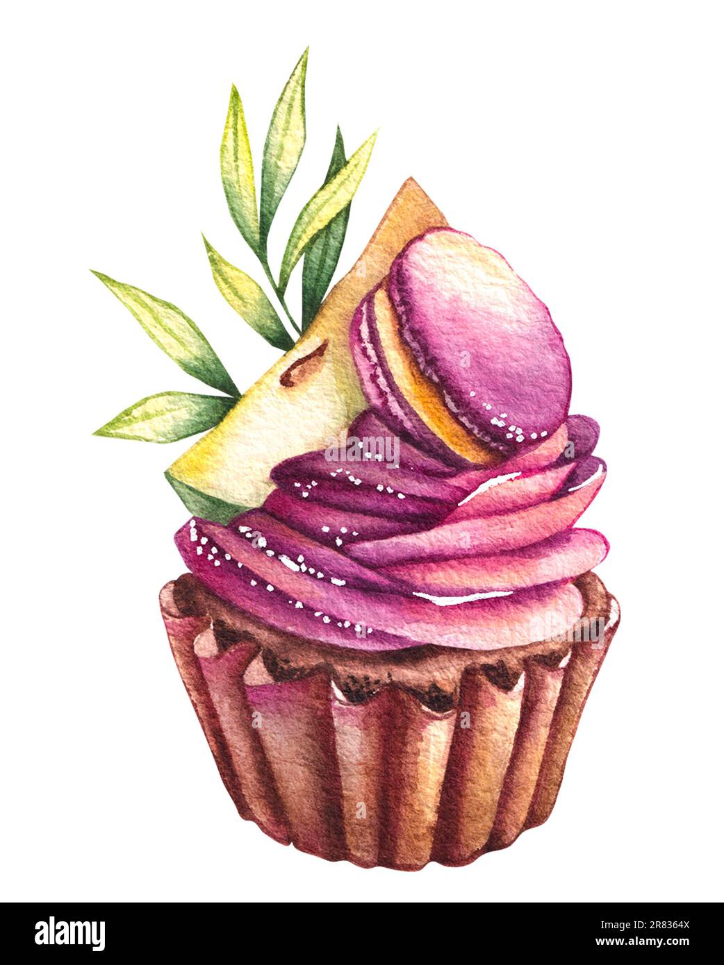 Cupcake isoliert auf weißem Hintergrund. Handgezeichneter Aquarell-Cupcake. Dessert dekoriert mit Makronen, Apfel, Zweig für Postkarten, Logo, Busi Stockfoto