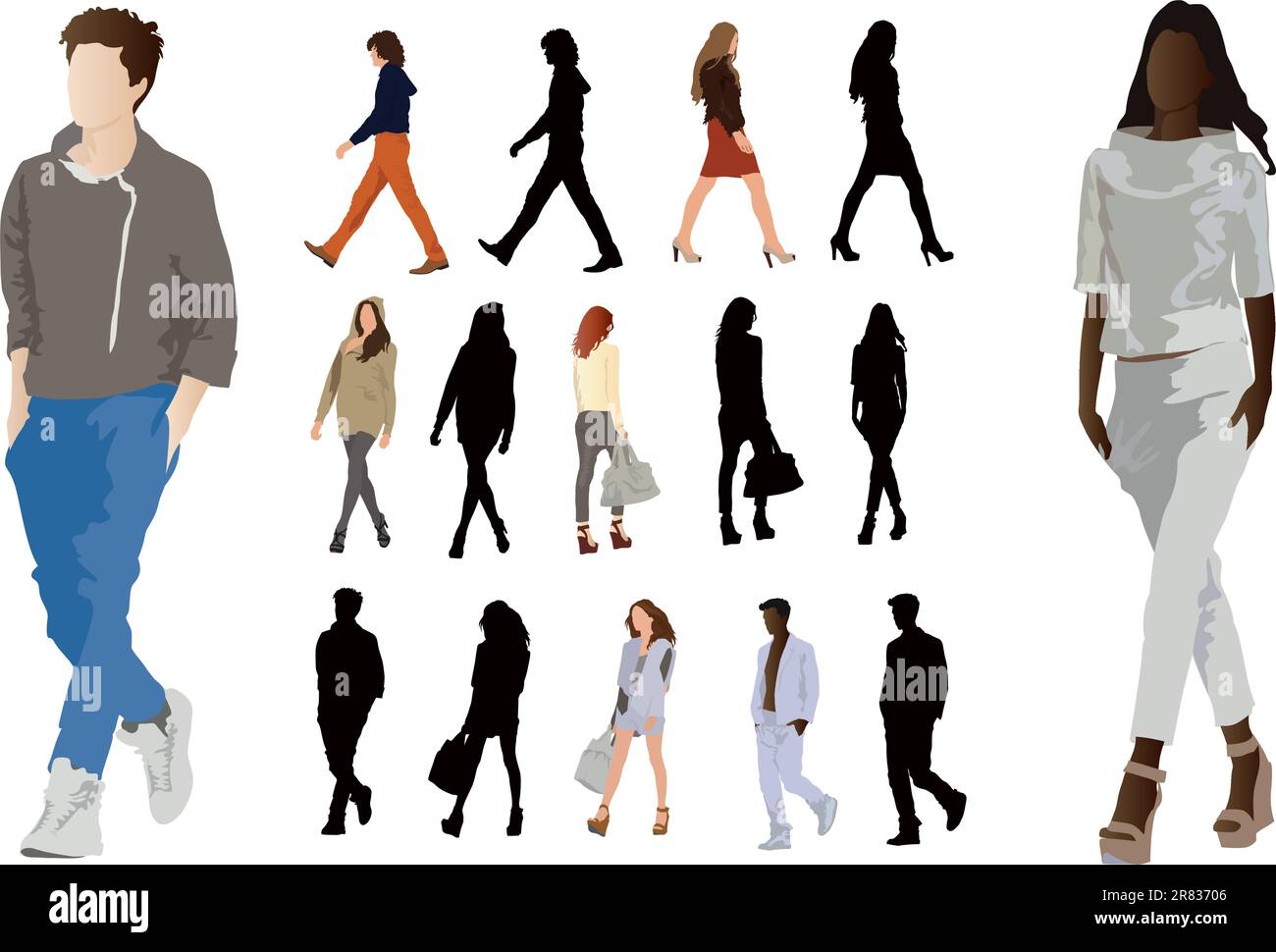 Eine Gruppe eleganter, in Mode gekleideter junger Leute. Lange Beine und perfekte Körperproportionen. Darstellung der Vektorfarbe auf Weiß. Stock Vektor
