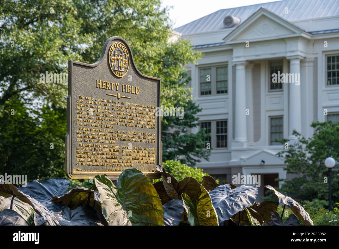 Historische Markierung Herty Field auf dem Campus der University of Georgia in Athen, Georgia. (USA) Stockfoto