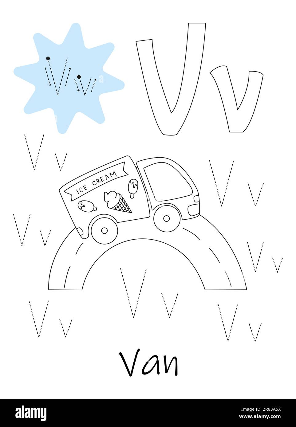 Malbuch - Copybook für Kinder. Buchstabe V Stock Vektor