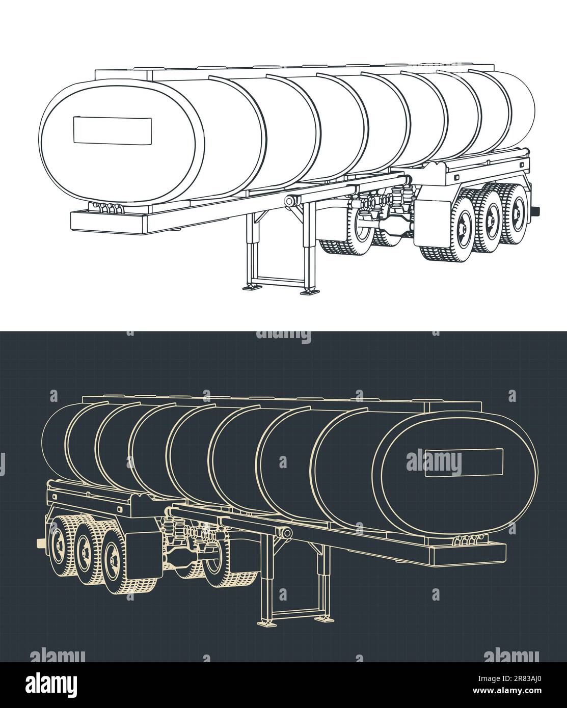 Stilisierte Vektordarstellungen von Bauplänen eines Tankwagens Stock Vektor