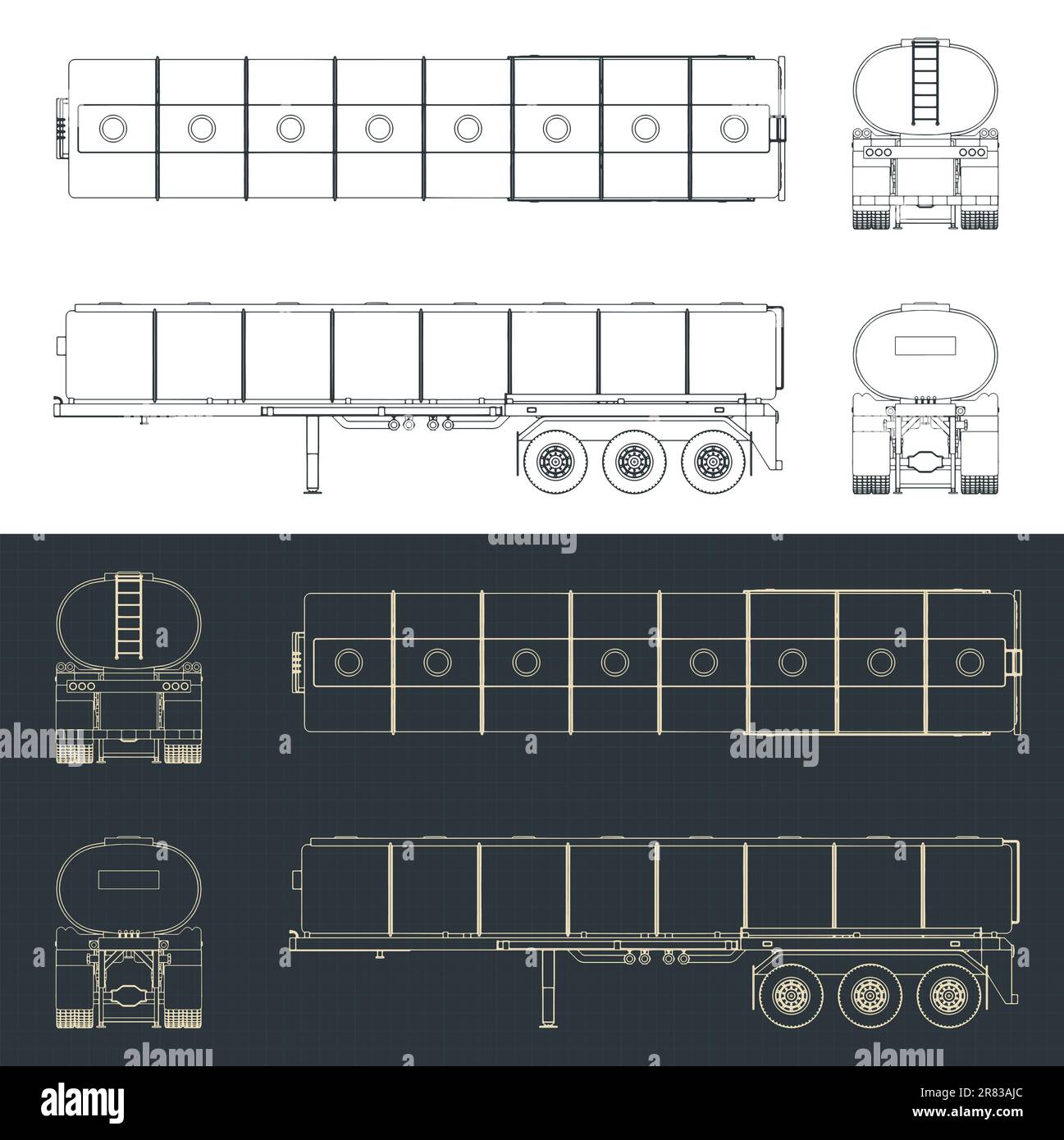 Stilisierte Vektordarstellungen von Bauplänen eines Tankwagens Stock Vektor
