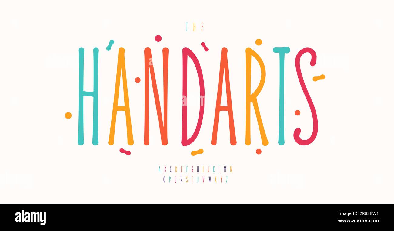Dünnes handgeschriebenes Alphabet, leuchtende bunte Buchstaben, leichte Kindertypografie, typografisches Design für Kinder. Vektortypsatz Stock Vektor