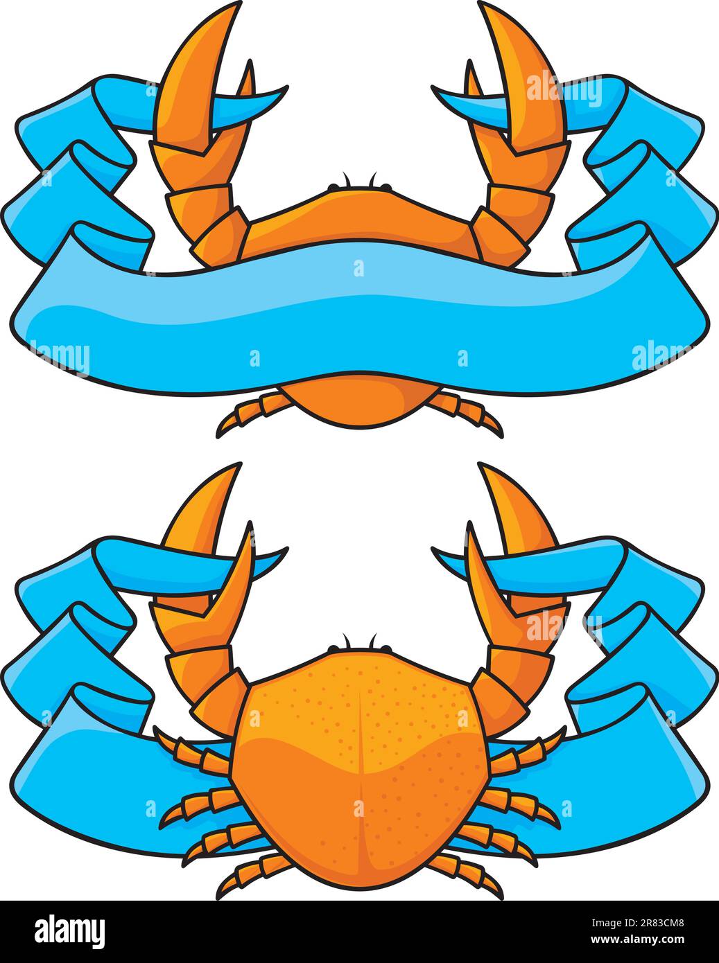 Orangefarbenes Krabbensymbol mit blauem Banner in zwei Versionen. Stock Vektor