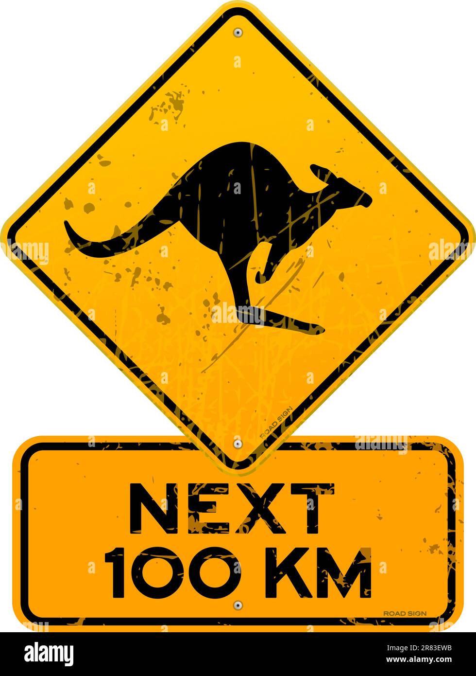 Gelbes Känguru-Straßenschild mit zusätzlichem Tisch für die nächsten 100 km Stock Vektor