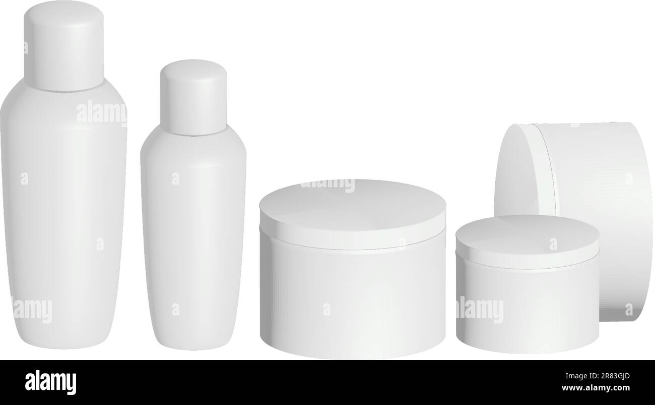 Set aus realistischen, kosmetischen, sauberen Flaschen, weißen Vektorschablonen für Modelle für Ihr Design. 3D Abbildung. Stock Vektor
