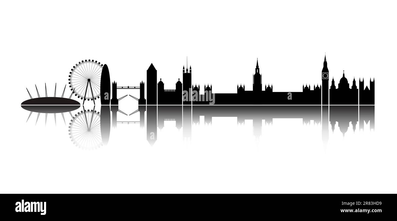 Isolierte Silhouette der Stadt London, zusammen mit Reflexion am Horizont. Stock Vektor
