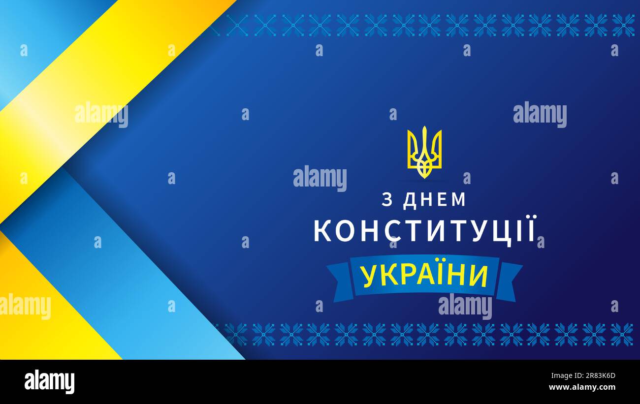 Happy Constitution Day of Ukraine – Banner mit Flagge und Band. Übersetzung aus Ukrainisch - Verfassungstag der Ukraine, 28. Juni. Vektorposter-Design Stock Vektor
