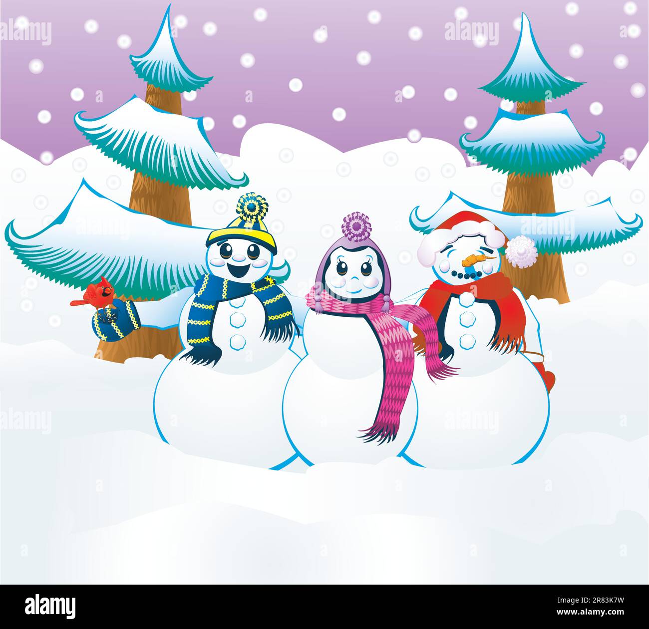 Skurrile Schneeszene mit Figuren aus Schnee und Winter in einer ausdrucksstarken Freundschaftsshow. Die EPS10-Grafik ist für jede Größe skalierbar. Stock Vektor