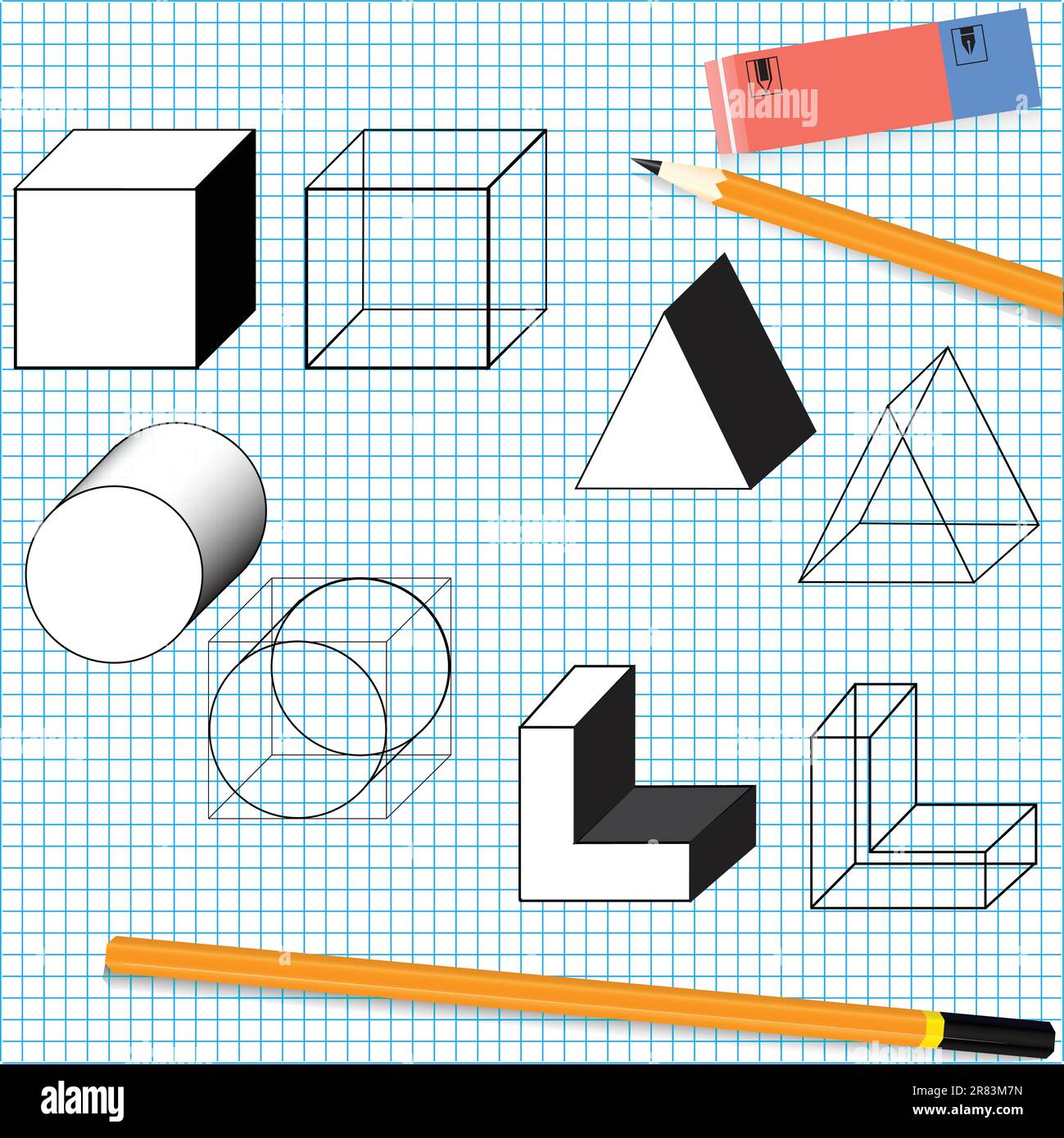 Einfaches Zeichnen von Objekten mit Stift und Radierer. Vektordarstellung. Stock Vektor