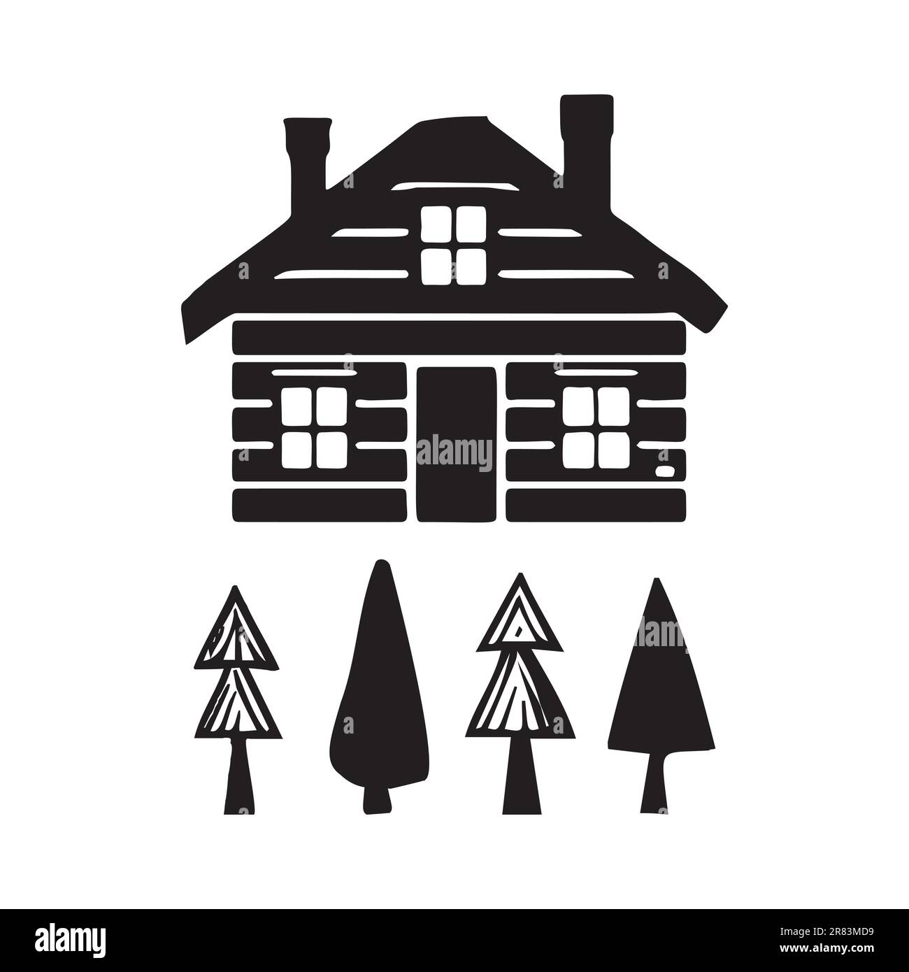 Eine Reihe von Vektordarstellungen für Holzhütten und Tannenbäume. Maskuline Outdoor-Reise im nordischen Linocut-Chalet in skandinavischer Urlaubsgruppe Stock Vektor