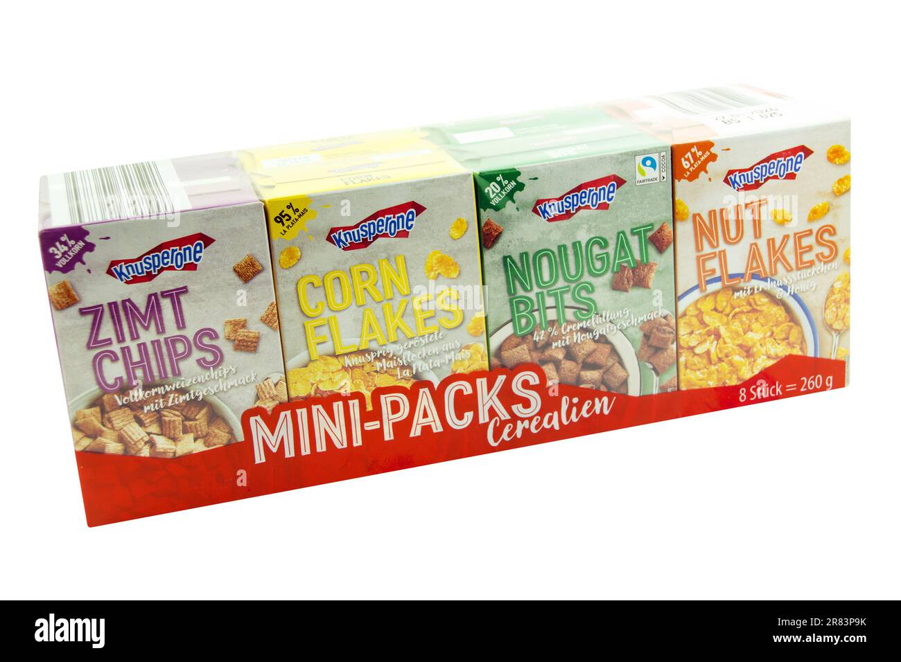 Knusperone Mini-Packs Sorten Maisflocken, Nougat Bits, Zimt Chips, Nuss Flocken Fairtrade Hintergrund weiß Stockfoto