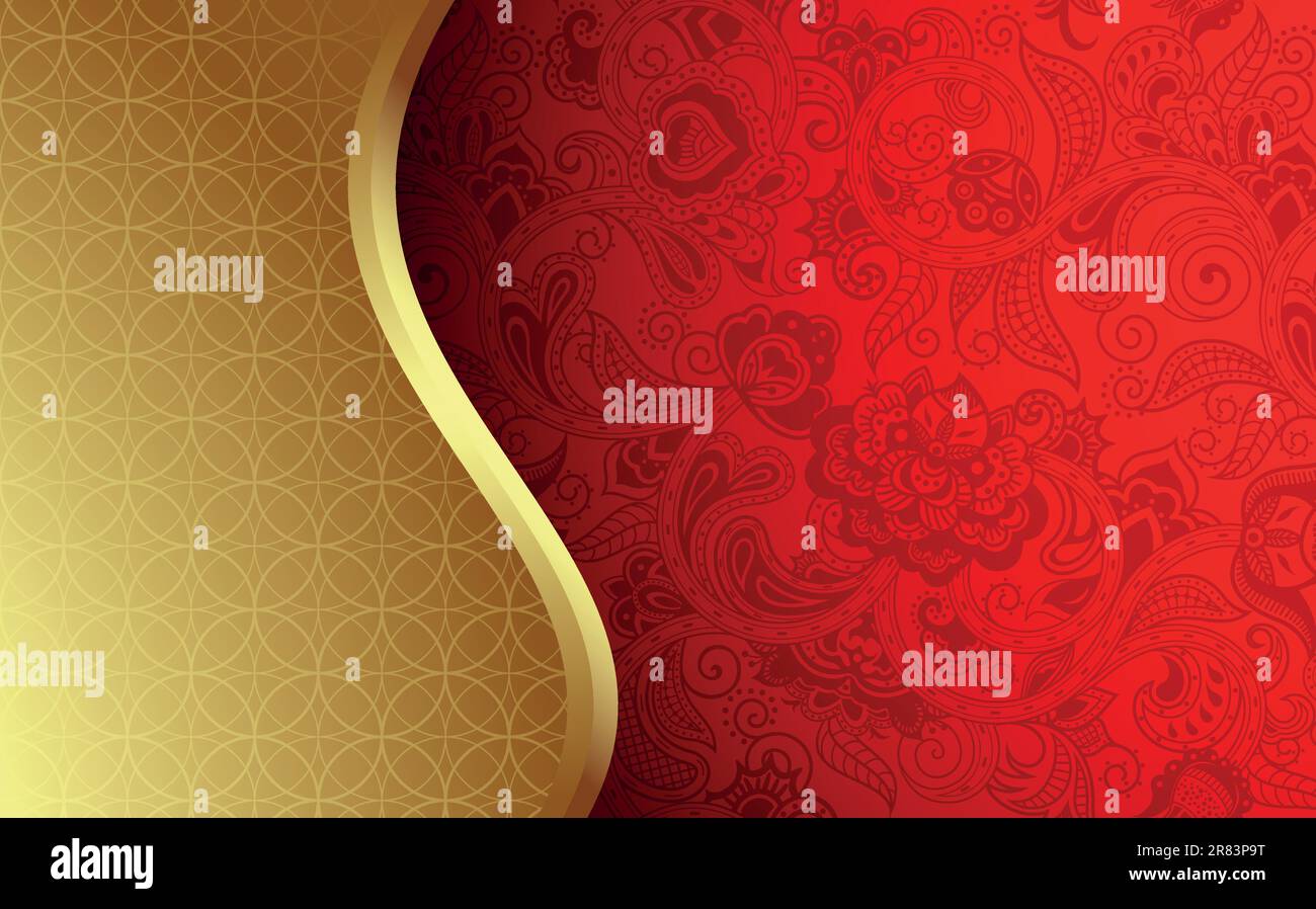 Darstellung mit verziertem Gold- und rotem Blumenhintergrund. Stock Vektor