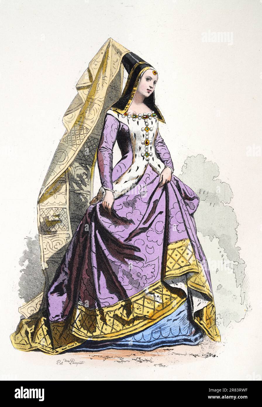 Maria von Burgund, Französisch: Marie de Bourgogne, Mitglied des Hauses Valois-Burgund, mittelalterliche Mode aus dem 15. Jahrhundert, Illustrationen des Englischen und für Stockfoto