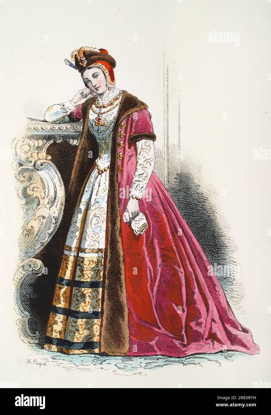 Polnische Prinzessin, mittelalterliche Frauen Mode aus dem 15. Und 16. Jahrhundert Kostüm, Kleid, Pelzbesatz Geschichte des Mantels, Illustrationen von Englisch und Forei Stockfoto