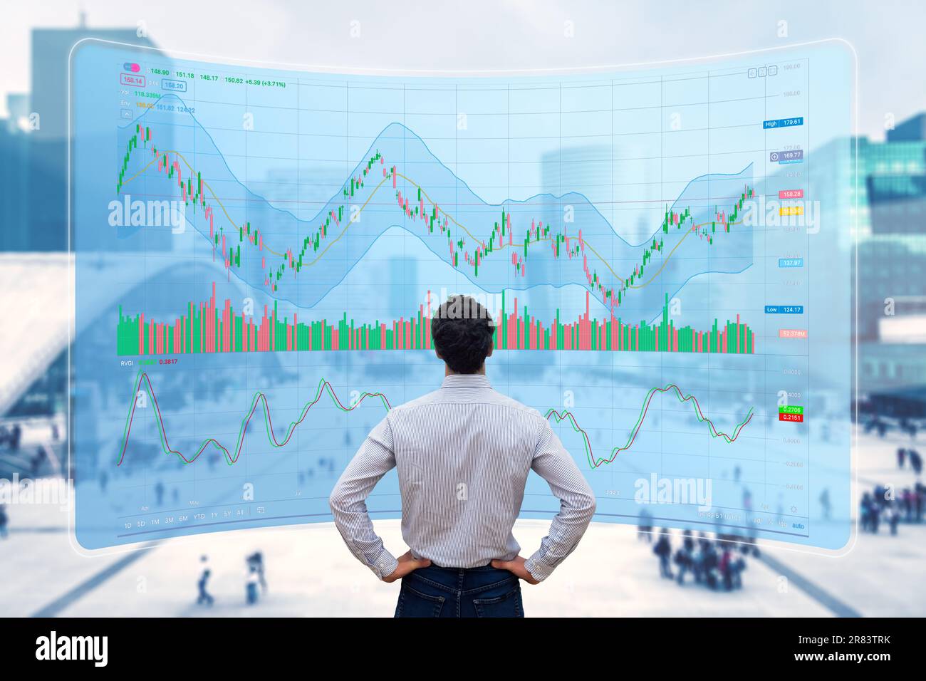 Börsenhandelsdaten und Finanzinvestitionen. Person, die die Online-Handelsoberfläche mit Diagrammen und Statistiken auf dem VR-Computerbildschirm nutzt, um sie zu analysieren Stockfoto