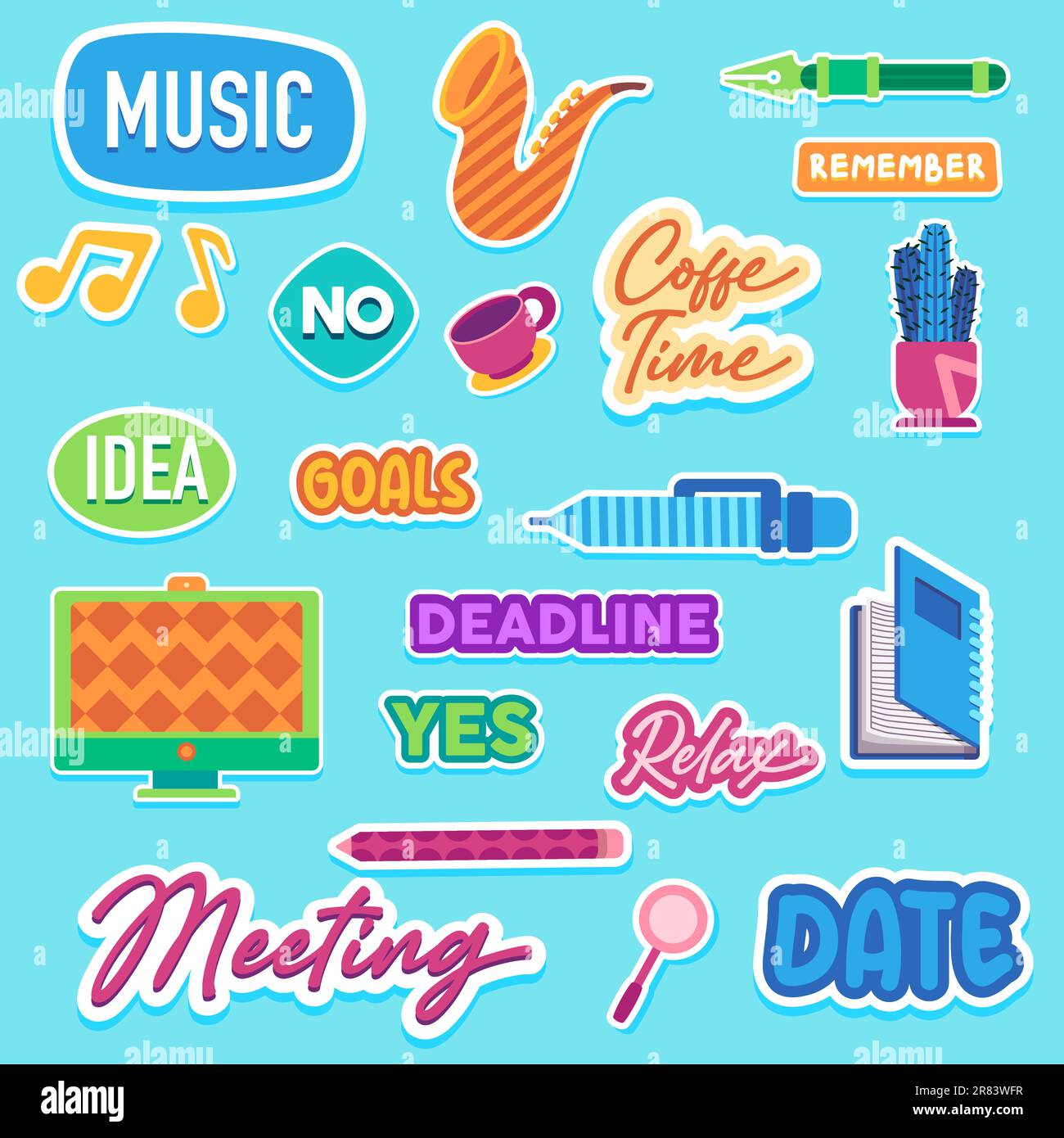 Aufkleber Text Musik Datum Meeting Idee Kaffeezeit und denken Sie daran Inspiration Wort Motivation Text Emblem Doodle Kollektion Set Stock Vektor
