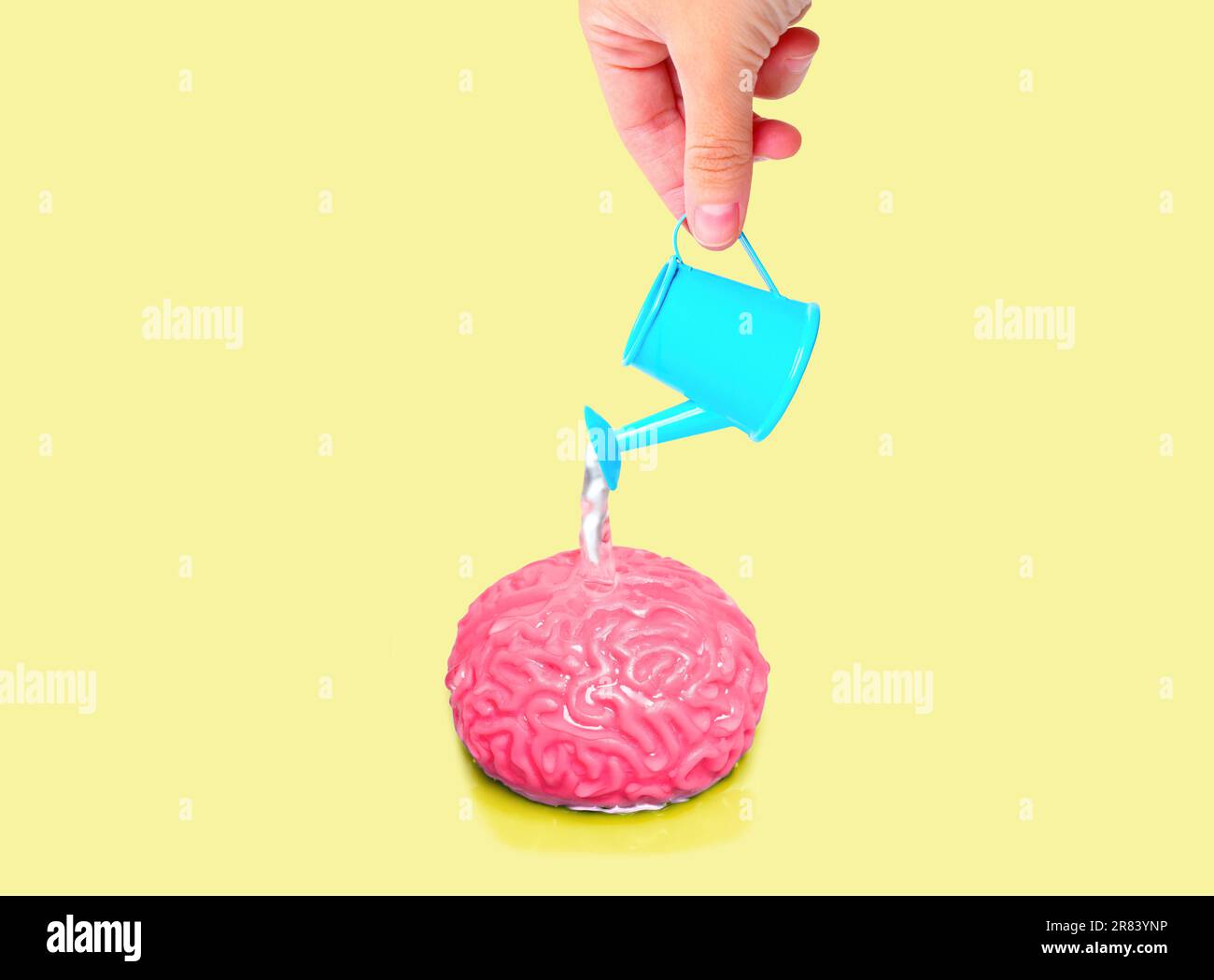 Die Hand gießt vorsichtig Wasser aus der Miniatur-Gießkanne über das Gehirnmodell, isoliert auf gelbem Hintergrund. Erziehung, Neugier, Entwicklung der Kindheit Stockfoto
