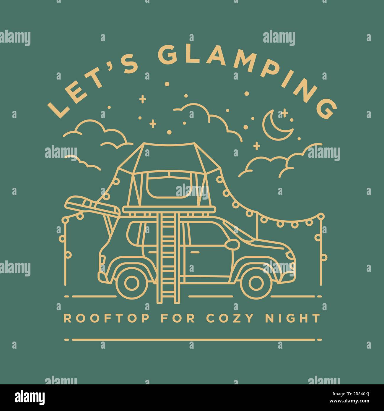Glamping Camp Dach Auto Zelt Vintage Monolin Vektorkonzept für Reisen, Tourismus, Logo, Urlaub Stock Vektor
