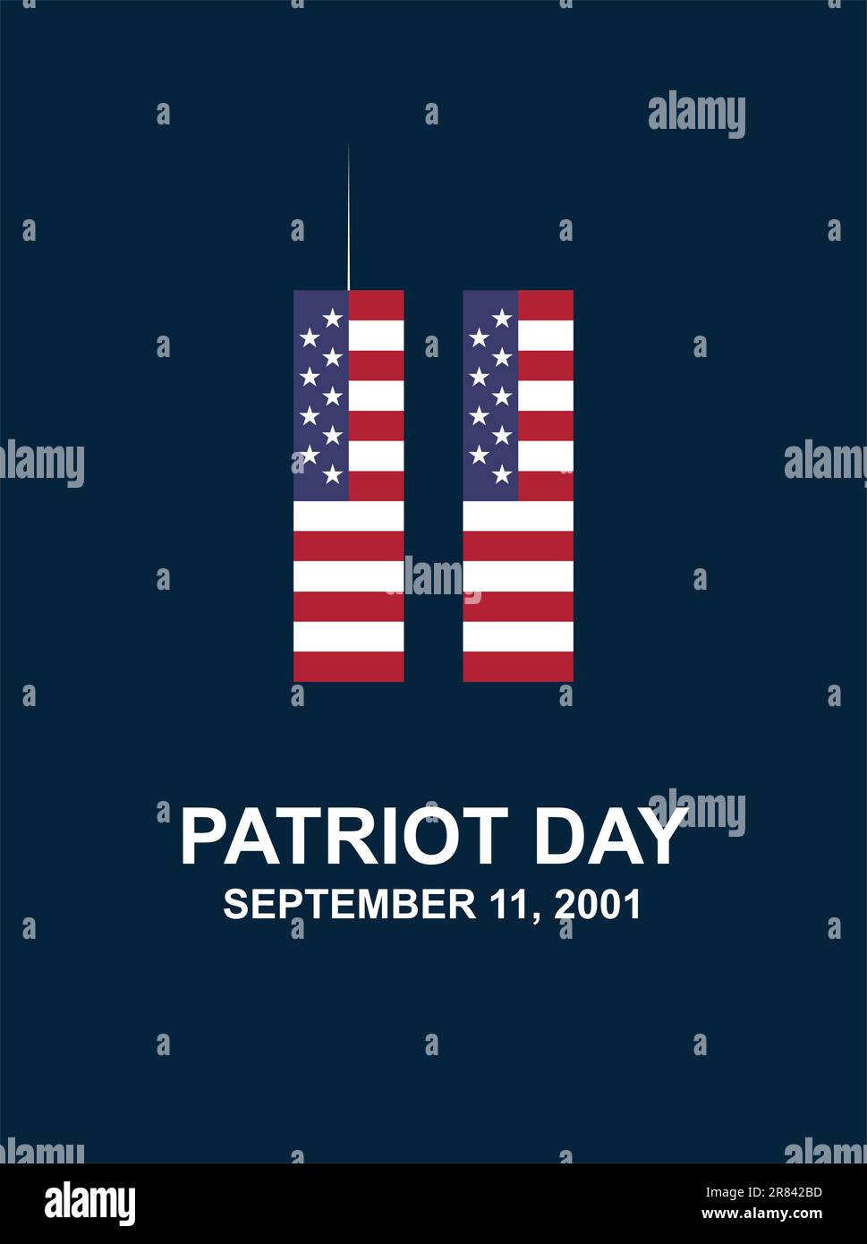 Patriot Day 11. September 2001. Vector 9,11 USA-Banner US-Flagge, 911-Gedenkstätte mit zwei Türmen und wir werden die Schriftzeichen auf blauem Hintergrund nie vergessen Stock Vektor
