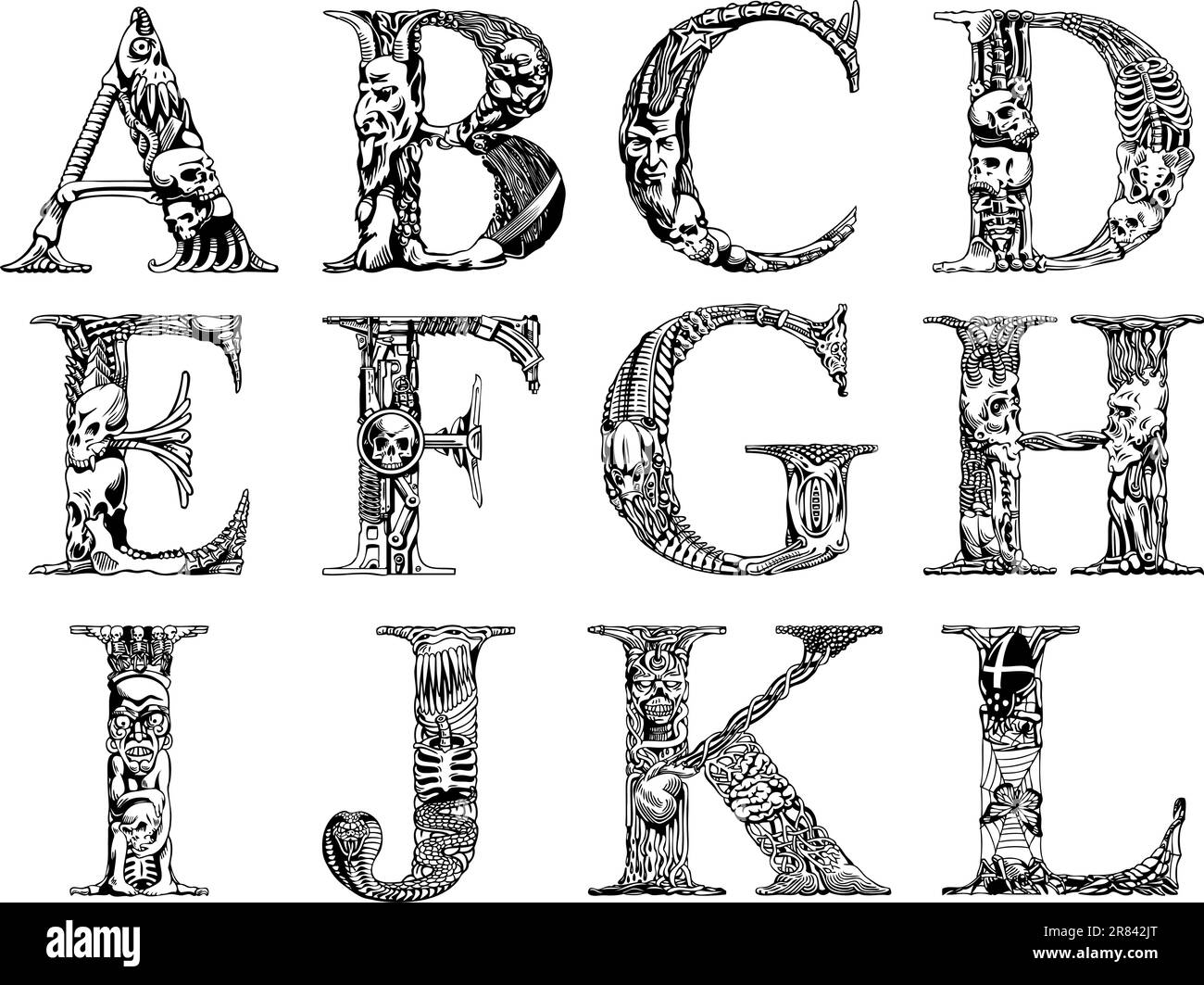 Ein Satz von Vektorbuchstaben mit schrecklichen Symbolen Stock Vektor
