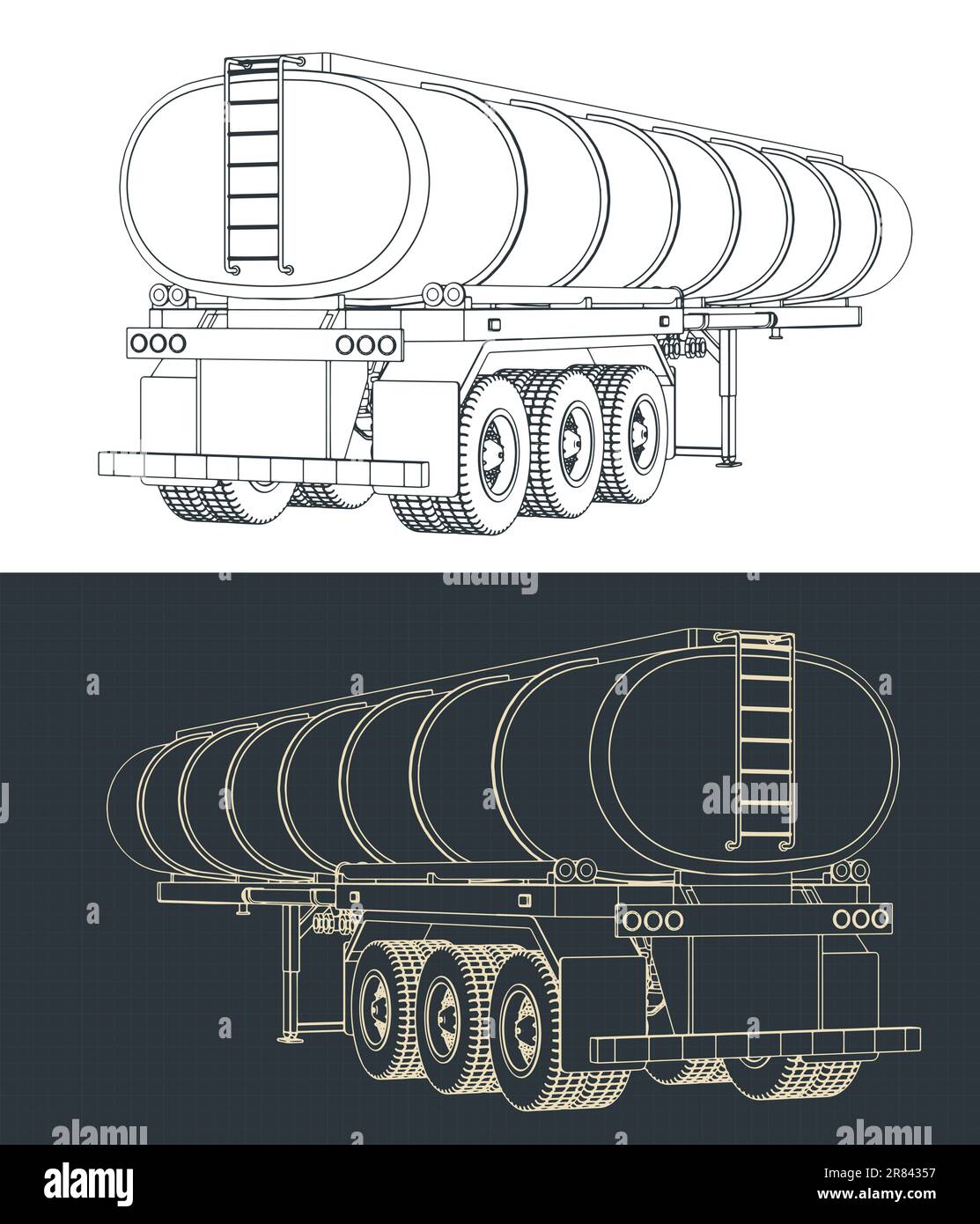 Stilisierte Vektordarstellungen von Bauplänen eines Tankwagens Stock Vektor