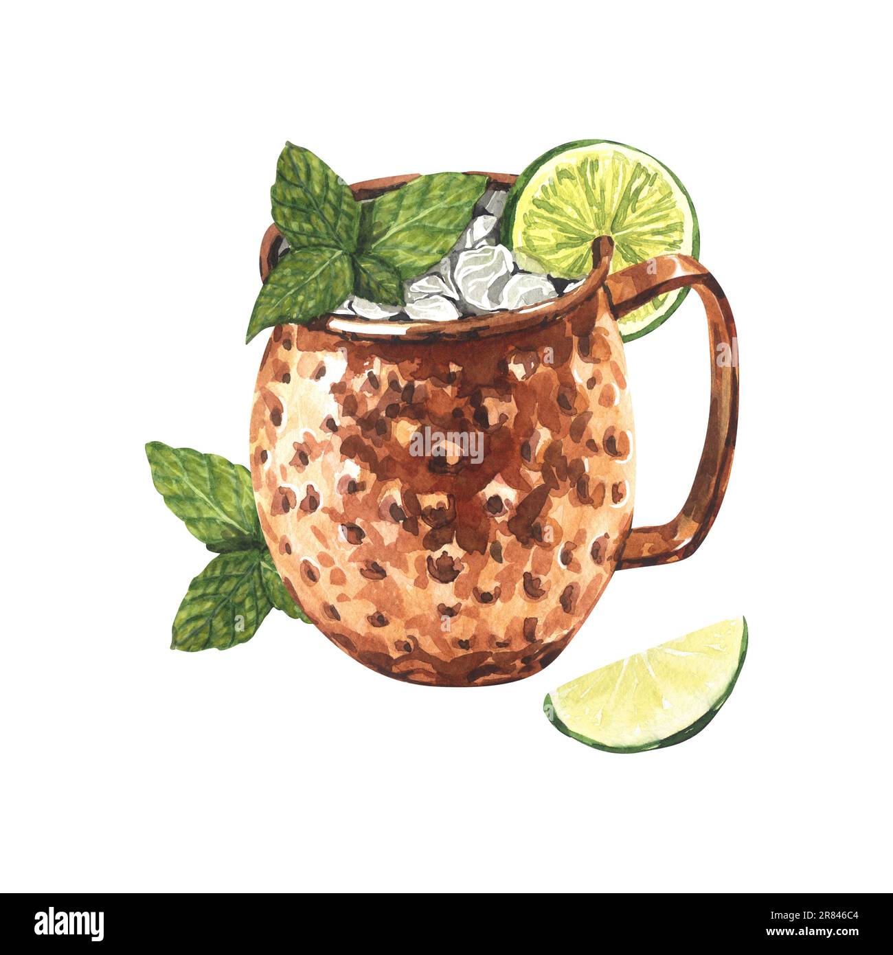 Aquarell moskauer Maultiercocktail mit Limette und Minzblättern Eis, in einem Kupferbecher. Handgezeichnete Illustration isoliert auf weißem Hintergrund. Perfekt für Stockfoto