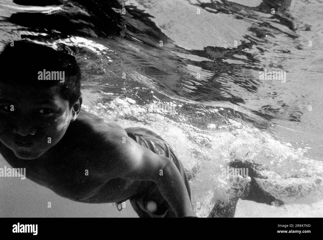 Ein Junge, der mit dem Hummerfischer arbeitet, taucht unter Wasser auf dem Miskito COAs, Honduras. Stockfoto