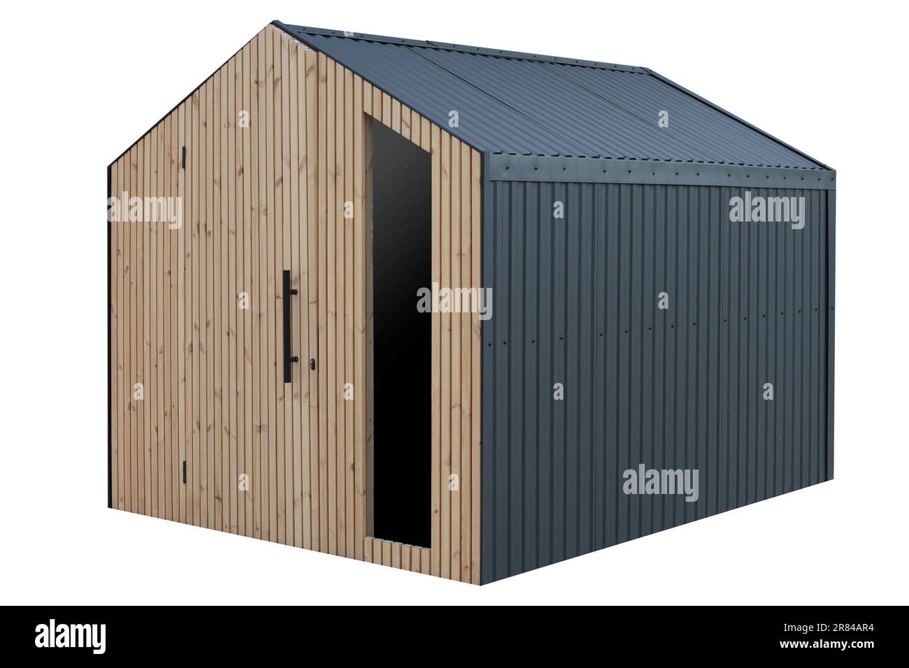 Gartenaufbewahrung, modern, aus Holz, auf weißem Hintergrund. Stockfoto