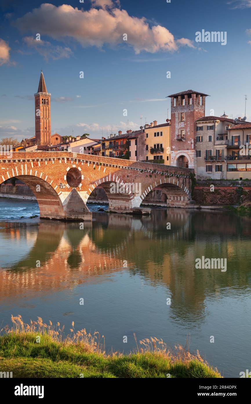 Verona, Italien. Stadtbild der wunderschönen italienischen Stadt Verona mit Steinbrücke über dem Fluss Adige bei Sonnenuntergang. Stockfoto