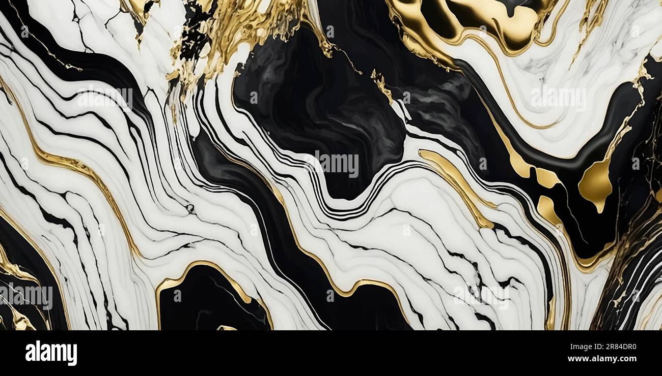 Abstrakter strukturierter Marmor in Schwarz, Weiß und Gold. Marmor mit goldenen Adern. Luxuriöser natürlicher Hintergrund. Marmorwirbel oder Wellen von Achat Stock Vektor