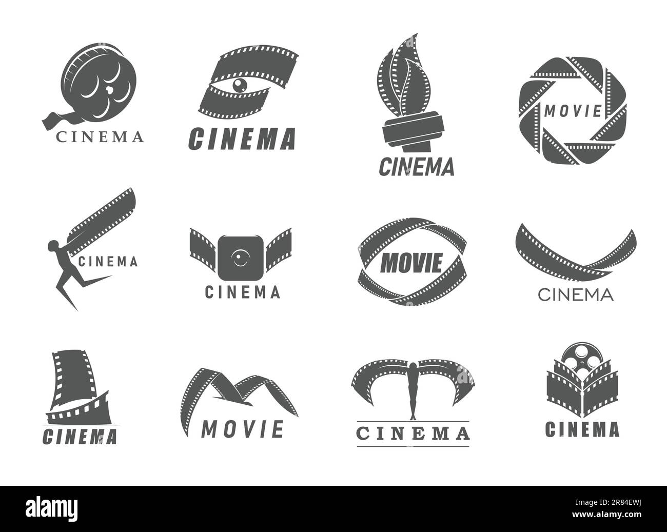 Kinosymbole, Filmstreifen-Vektorsymbole für Kinografen und Embleme für Unterhaltungsproduktionen. Film- und Filmrollen von Medien- oder Fernsehpreisen Stock Vektor