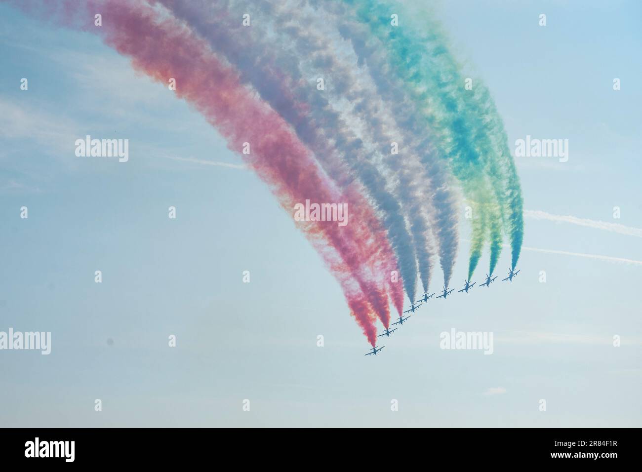 Rom, Italien. 18. Juni 2023. Aufführung der National Acrobatic Patrol Frecce Tricolori Air Show zum 100. Jahrestag der italienischen Luftwaffe am Militärflughafen Mario De Bernardi in Pratica di Mare. Kredit: SOPA Images Limited/Alamy Live News Stockfoto