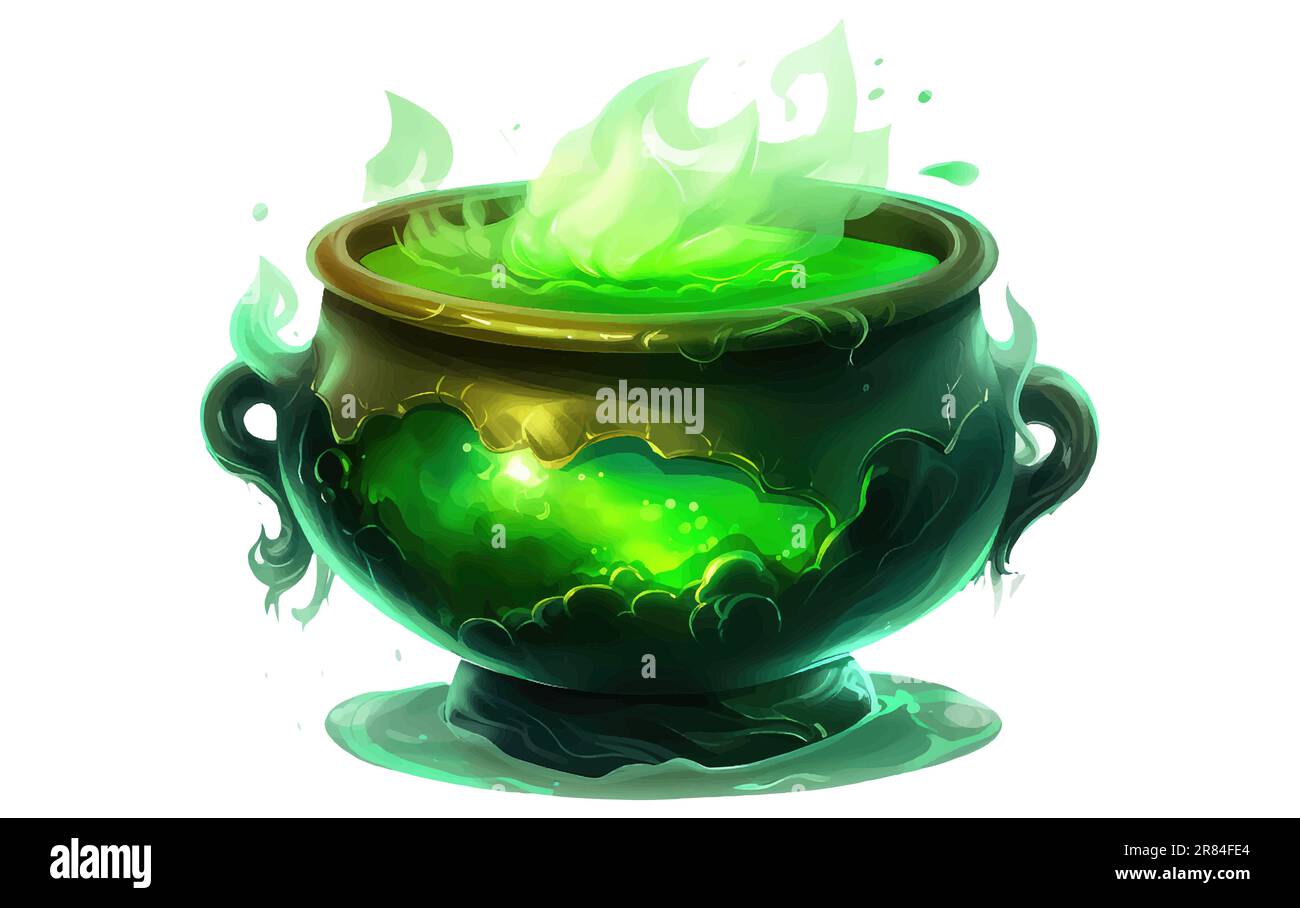 Schwarzer Kessel mit grüner Hexenmagie-Bouillon Stock Vektor