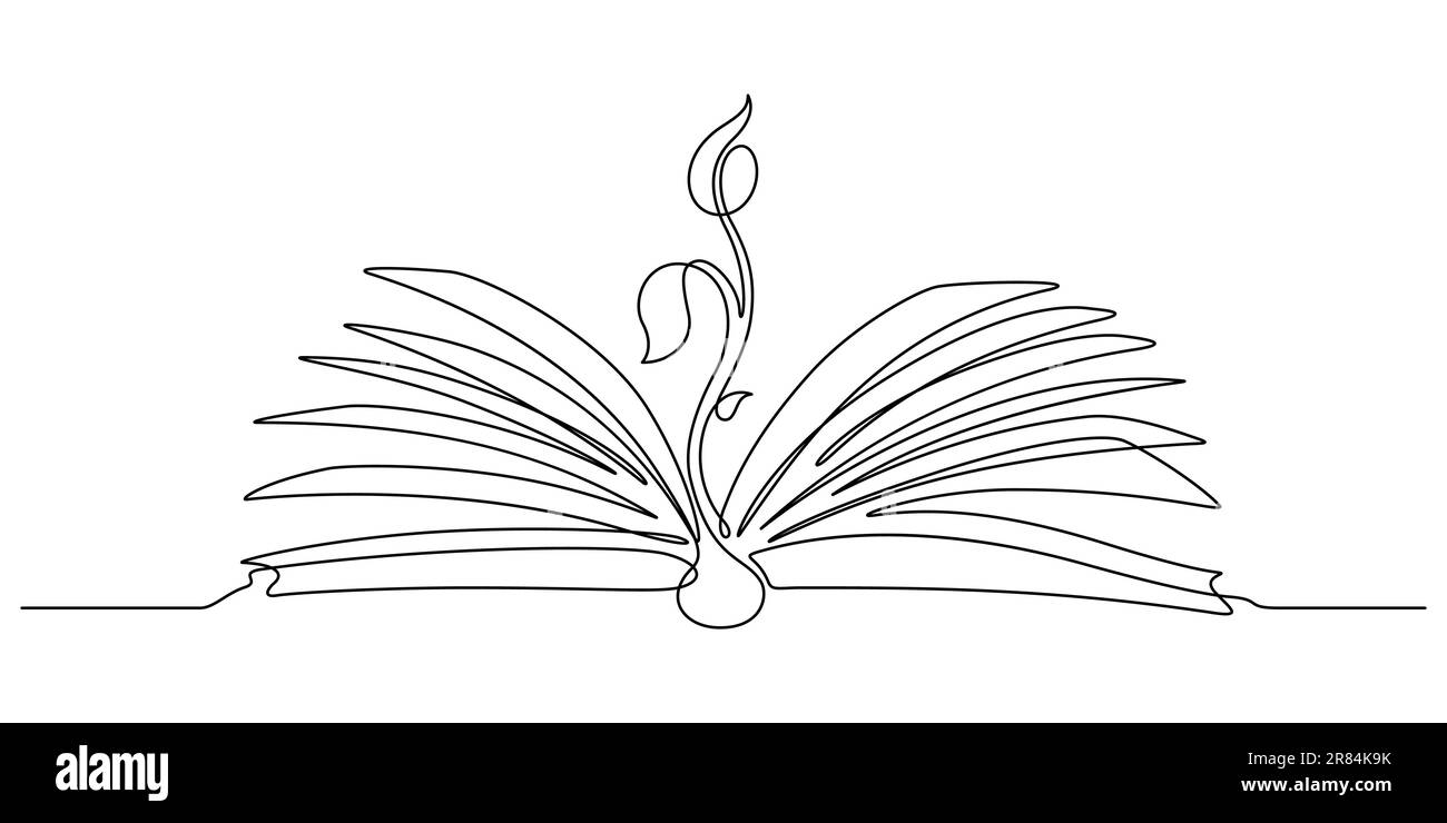 Junge Pflanze mit Eröffnungsbuch in fortlaufender Strichzeichnung des Wissenskonzepts Vektordarstellung Stock Vektor