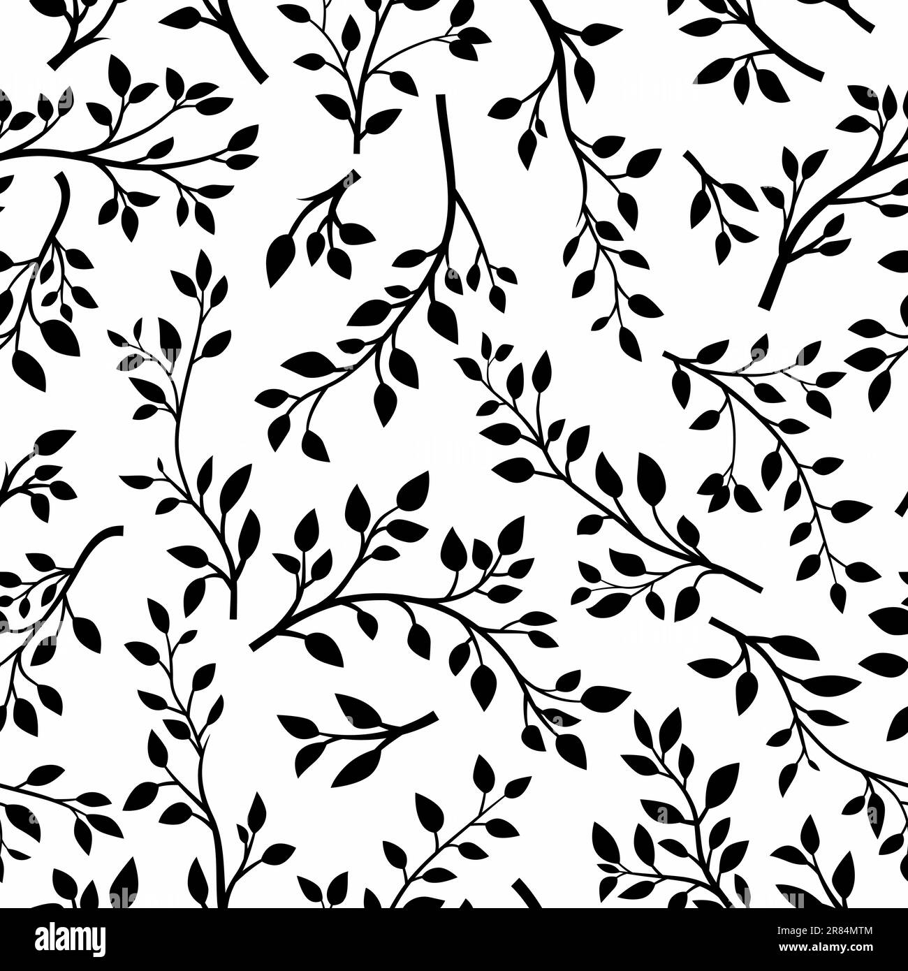 Vector Schwarzweiß Nahtloses Muster mit Baumbrunches. Flacher Cartoon-Zweig mit Blumenblättern. Frühling, Sommerdesign - Blätter, Brunches, Pflanzen Stock Vektor